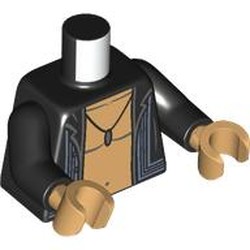 LEGO part 973c03h70pr0002 Torso, Open Jacket, Bare Warm Tan Chest, Pendant print, Black Arms, Warm Tan Hands in Black