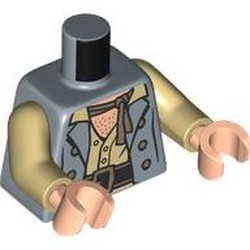 LEGO part 973c26h02pr0006 Torso, Jacket, Buttons, Tan Shirt, Dark Brown Belt, Dark Tan Scarf, Light Nougat Chest print, Tan Arms, Light Nougat Hands in Sand Blue
