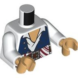 LEGO part 973c27h13pr0003 Torso, Dark Blue Vest, Buttons, White Shirt, Nougat Chest, Reddish Brown Belt, Dark Orange/White Sash print, White Arms, Nougat Hands in White