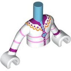 LEGO part 92456c04pr0002 Minidoll Torso Girl with White Arms and Hands with White Jacket, Bright Light Orange Collar, Dark Purple/Bright Pink Trim, Medium Azure Pendant print in White
