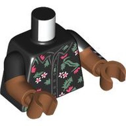 LEGO part 973g03c78h78pr0001 Torso, Dual Molded Arms with Black Sleeves Pattern, Sienna Brown Arms and Hands with print in Black