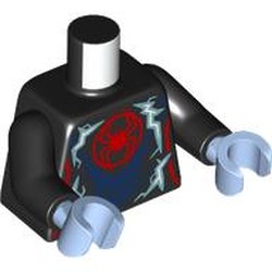 LEGO part 973c03h29pr0001 Torso, Muscles, Red Spider, Dark Blue Armor, Metal Blue Lightning Bolts print, Black Arms and Hands in Black