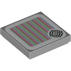LEGO part 3068bpr9291 Tile 2 x 2 with Thwomp and Barcode Print (Sticker) in Medium Stone Grey/ Light Bluish Gray