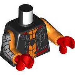 LEGO part 973c34h22pr0001 Torso, Jacket, Laces, Red Trim, Orange Spider Suit, Dark Bluish Grey/Black Webbings on Arms print, Orange Arms, Red Hands in Black