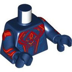 LEGO part 973c05h05pr0002 Torso, Dark Red Spider, Yellow Circuitry, Blue Muscles, Dots, Dark Red Webbings on Arms print, Dark Blue Arms and Hands in Earth Blue/ Dark Blue