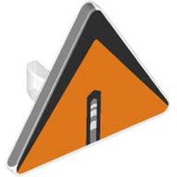 LEGO part 30259pr0012 Road Sign Clip-on 2.2 x 2.667 Triangular with Orange Surface, Black Border, Blank Line in Center print in Transparent/ Trans-Clear