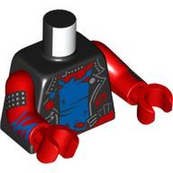 LEGO part 973c22h22pr0005 Torso, Jacket, Silver Pins, Zipper, Blue/Red Torn Spider Suit, Silver Spider with 'FNSM' on Back, Black Cufflinks with Silver Spikes, Blue Webbings on Arms print, Red Arms and Hands in Black