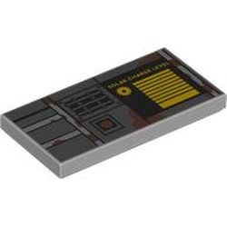 LEGO part 87079pr9843 Tile 2 x 4 with Yellow Dark Bluish Grey Panels, Grate, Coral Stains, 'SOLAR CHARGE LEVEL' print in Medium Stone Grey/ Light Bluish Gray