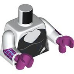 LEGO part 973c27h37pr0003 Torso Jumpsuit, Black Panels Print (Spider Girl/Gwen), Magenta/Dark Azure Webbings on Arms print, White Arms, Magenta Hands in White