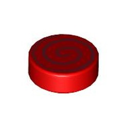 LEGO part 98138pr0438 Tile Round 1 x 1 with Dark Red Swirl print in Bright Red/ Red