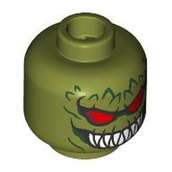 LEGO part 28621pr9562 Minifig Head Killer Croc, Dark Green Scales, Red Eyes, Wide Mouth, Sharp White Teeth in Olive Green
