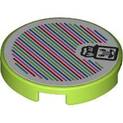 LEGO part 14769pr0164 Tile Round 2 x 2 with Prince Florian, Barcode print (Sticker) in Bright Yellowish Green/ Lime