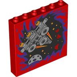 LEGO part 59349pr0033 Panel 1 x 6 x 5 with Light Bluish Grey Starship, Black Space, Dark Purple Portal print in Bright Red/ Red