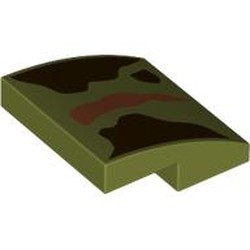 LEGO part 15068pr0102 Slope Curved 2 x 2 x 2/3 with Dark Brown/Dark Orange Shapes print in Olive Green