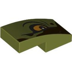 LEGO part 11477pr0045 Slope Curved 2 x 1 No Studs with Yellow Eye Left, Dark Brown Shape print in Olive Green