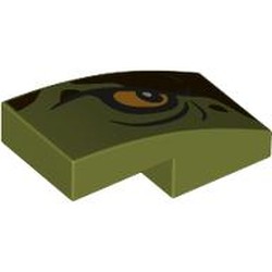 LEGO part 11477pr0046 Slope Curved 2 x 1 No Studs with Yellow Eye Right, Dark Brown Shape print in Olive Green