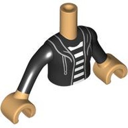 LEGO part 92456c06pr0019 Minidoll Torso Girl with Warm Tan Arms and Hands with Black Jacket, Hood, LAces, White/Black Striped Shirt print in Warm Tan