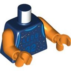 LEGO part 973c34h34pr0001 Torso, Basketball Jersey, Blue Trim, Silver Stars, 'LEGO SPORTS 32' on Front, 'NIKE 72' on Back print, Orange Arms and Hands in Earth Blue/ Dark Blue