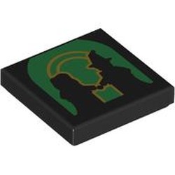 LEGO part 3068bpr9285 Tile 2 x 2 with Silhouette of Glinda and Elphaba against Green Background, Gold Door print in Black