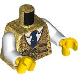 LEGO part 973c27h01pr0075 Torso, Conductor Uniform, Gold Jacket, Pocket Watch on Chain, White Shirt, Dark Blue Tie with Clip print, White Arms, Yellow Hands in Warm Gold/ Pearl Gold
