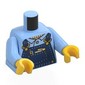 Torso Overalls, Dark Blue with Tan Stitching, Pen, Note, Gold Clasps, Buttons, Shirt print, Bright Light Blue Arms, Yellow Hands