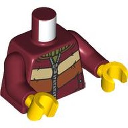 LEGO part 973c10h01pr0005 Torso, Winter Coat, Zipper, Tan/Orange/Dark Red Panels, Olive Green Sweater print, Dark Red Arms, Yellow Hands in Dark Red