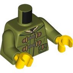 LEGO part 973c20h01pr0002 Torso, Winter Coat, Hood, Tan Fur, Pockets, Laces print, Olive Green Arms, Yellow Hands in Olive Green