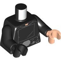 LEGO part 973f046pr0001 Torso, Jedi Suit, Black Front, Silver Belt Buckle print, Odd Hands, Black Arms, Left Black Hand, Right Light Nougat Hand in Black