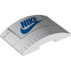 LEGO part 78522pr0005 Brick Curved 4 x 6 Double, 2 x 4 Cutout with Shoe Tongue, Blue NIKE logo print in White