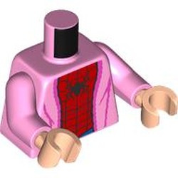 LEGO part 973c43h02pr0004 Torso, Robes over Red/Blue Spider-Man Suit, Black Spider print, Bright Pink Arms, Light Nougat Hands in Light Purple/ Bright Pink