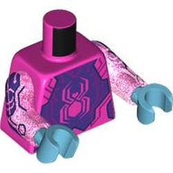 LEGO part 973c81h42pr0001 Torso, Pink Spider on Dark Purple Background, Dark Pink Circuitry, Dark Blue Circuitry on Arms print, Opal Trans-Dark Pink Arms, Medium Azure Hands in Bright Purple/ Dark Pink