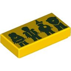 LEGO part 3069bpr9901 Tile 1 x 2 with Dark Green Silhouettes of Dorothy, Scarecrow, Tin Man, Lion print in Bright Yellow/ Yellow