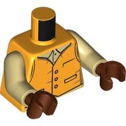 LEGO part 973c26h19pr0004 Torso, Jacket, Pockets, Buttons, Tan Shirt print, Tan Arms, Reddish Brown Hands in Flame Yellowish Orange/ Bright Light Orange