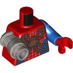 LEGO part 63208pr0001 Torso, Blue Left Arm, Red Hand, Flat Silver Mechanical Right Arm with Cooper Chains, Silver Spider Webbings with Barbs, Dark Bluish Grey Bandages print in Bright Red/ Red