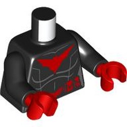 LEGO part 973c03h22pr0008 Torso, Batwoman Suit, Red Bat Symbol, Utility Belt print, Black Arms, Red Hands in Black