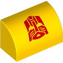 LEGO part 37352pr0041 Brick Curved 1 x 2 x 1 No Studs with Red Autotron print in Bright Yellow/ Yellow