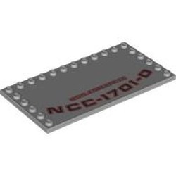 LEGO part 6178pr0020 Plate Special 6 x 12 with Studs on 3 Edges with Black 'U.S.S. ENTERPRIS', 'NCC-1701-D', Red Outline print in Medium Stone Grey/ Light Bluish Gray
