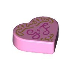 LEGO part 39739pr0008 Tile 1 x 1 Heart with Dark Pink 'G + F', Gold Decorations print in Light Purple/ Bright Pink