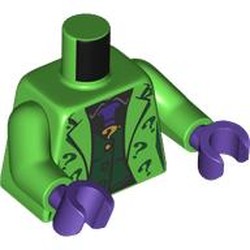 LEGO part 973c06h09pr0002 Torso, Jacket with Dark Green Question Marks, Dark Green Vest, Dark Purple Tie, Golf Question Mark Pin print, Bright Green Arms, Dark Purple Hands in Bright Green