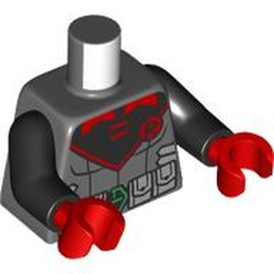 LEGO part 973c03h22pr0009 Torso, Light Bluish Green Utility Belt, Black chest, Red Circle with 'R', Red Trim print, Black Arms, Red Hands in Dark Stone Grey / Dark Bluish Gray