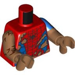 LEGO part 973h09pr0001 Torso, Dual Molded Arms, Torn Red/Blue Spider Man Suit, Fur print, Left Blue Sleeve Pattern, Medium Nougat Arms and Hands in Bright Red/ Red