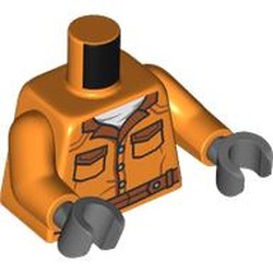 LEGO part 973c34h12pr0004 Torso, Prison Suit, Dark Orange Belt, Collar, White Shirt print, Orange Arms, Dark Bluish Gray Hands in Bright Orange/ Orange