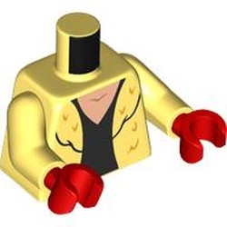 LEGO part 973c44h22pr0001 Torso, Fur Coat, Black Shirt print, Bright Light Yellow Arms, Red Hands in Cool Yellow/ Bright Light Yellow