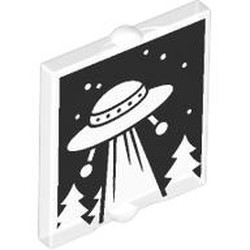 LEGO part 60601pr0014 Glass for Window 1 x 2 x 2 Flat with Retro UFO, Beam, Trees, Stars print in Transparent/ Trans-Clear