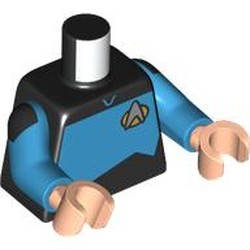 LEGO part 973c04h02pr0002 Torso, Silver Starfleet Insignia, Dark Azure Panel (Starfleet Uniform) print, Dark Azure Arms, Light Nougat Hands in Black