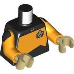 LEGO part 973c38h26pr0003 Torso, Silver Starfleet Insignia, Bright Light Orange Panel (Starfleet Uniform) print, Bright Light Orange Arms, Tan Hands in Black