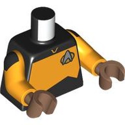 LEGO part 973c38h69pr0001 Torso, Silver Starfleet Insignia, Bright Light Orange Panel (Starfleet Uniform) print, Bright Light Orange Arms, Medium Brown Hands in Black