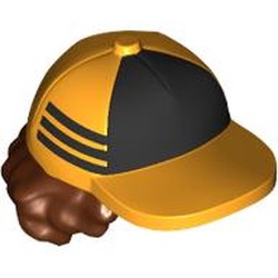 LEGO part 53980pat0003 Hair and Hat, Cap with Black Front and Reddish Brown Curly Hair in Flame Yellowish Orange/ Bright Light Orange