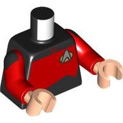 LEGO part 973c22h02pr0009 Torso, Silver Starfleet Insignia, Red Panel (Starfleet Uniform) print, Red Arms, Light Nougat Hands in Black