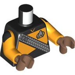 LEGO part 973c38h69pr0002 Torso, Silver Starfleet Insignia, Silver Klingon Baldric, Bright Light Orange Panel (Starfleet Uniform) print, Bright Light Orange Arms, Medium Brown Hands in Black